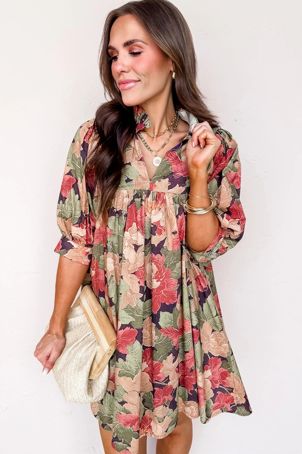 Women's Green Floral Print Mini Dress with Frilled Collar – Casual Summer Style - Detail View 7 Women's Green Floral Print Mini Dress with Frilled Collar – Casual Summer Style - Detail View 7
