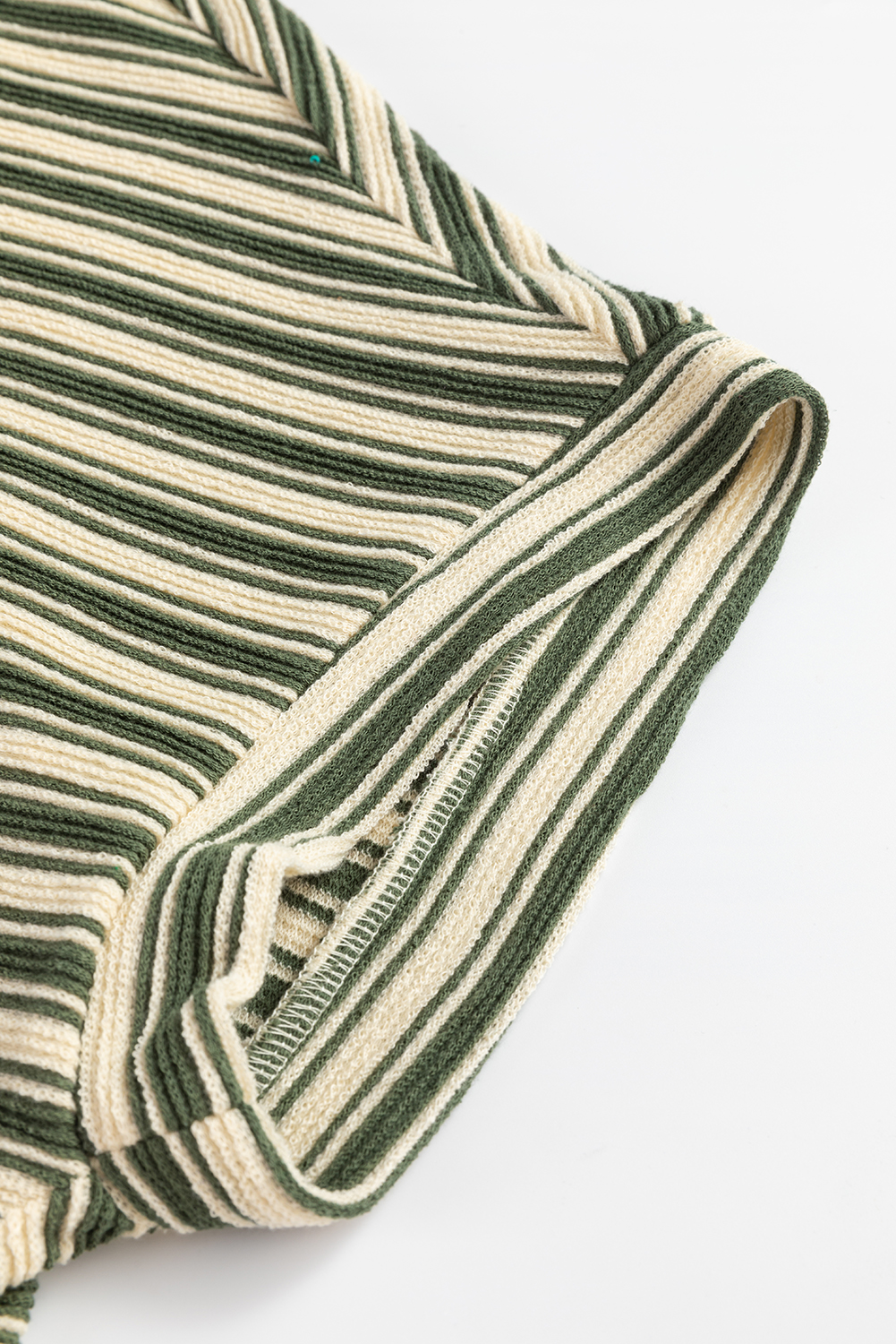 Women's Green Stripe Textured Crew Neck T-Shirt with Side Slits - Detail View 9 Women's Green Stripe Textured Crew Neck T-Shirt with Side Slits - Detail View 9