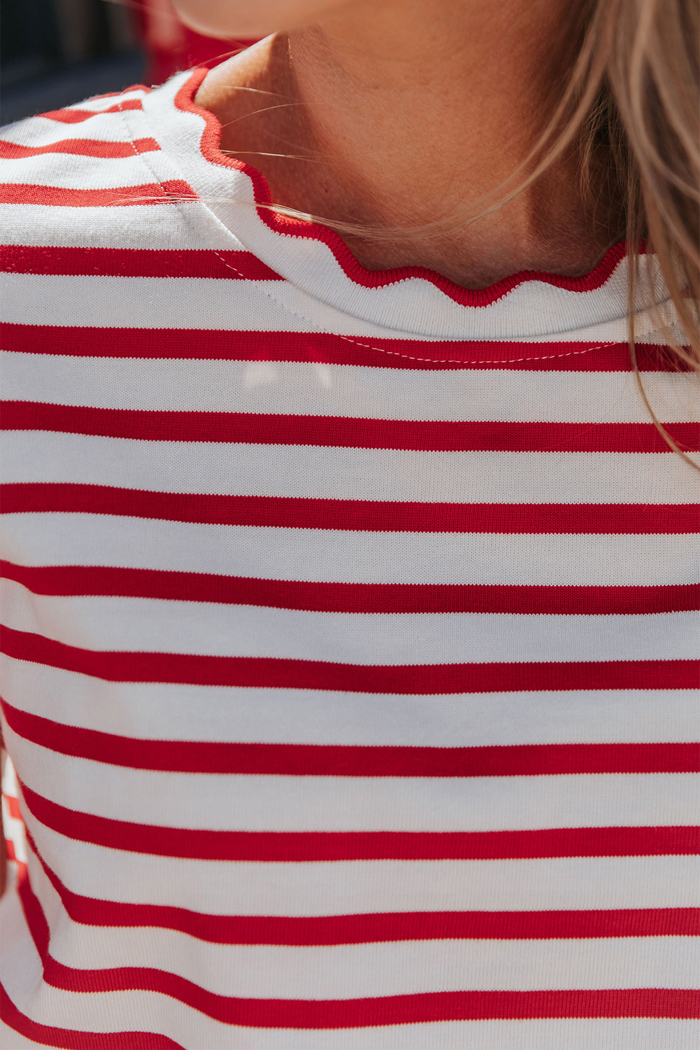 Casual Women's Red Stripe Scalloped Trim T-Shirt – Perfect for Daily Summer Wear - Detail View 7 Casual Women's Red Stripe Scalloped Trim T-Shirt – Perfect for Daily Summer Wear - Detail View 7