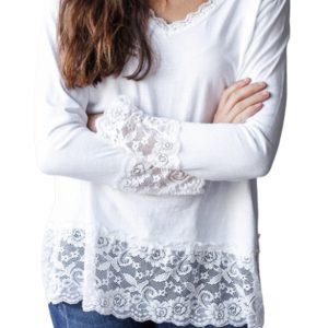 Women's White Lace Trim V-Neck Long Sleeve Loose Top for Daily Wear - Main View