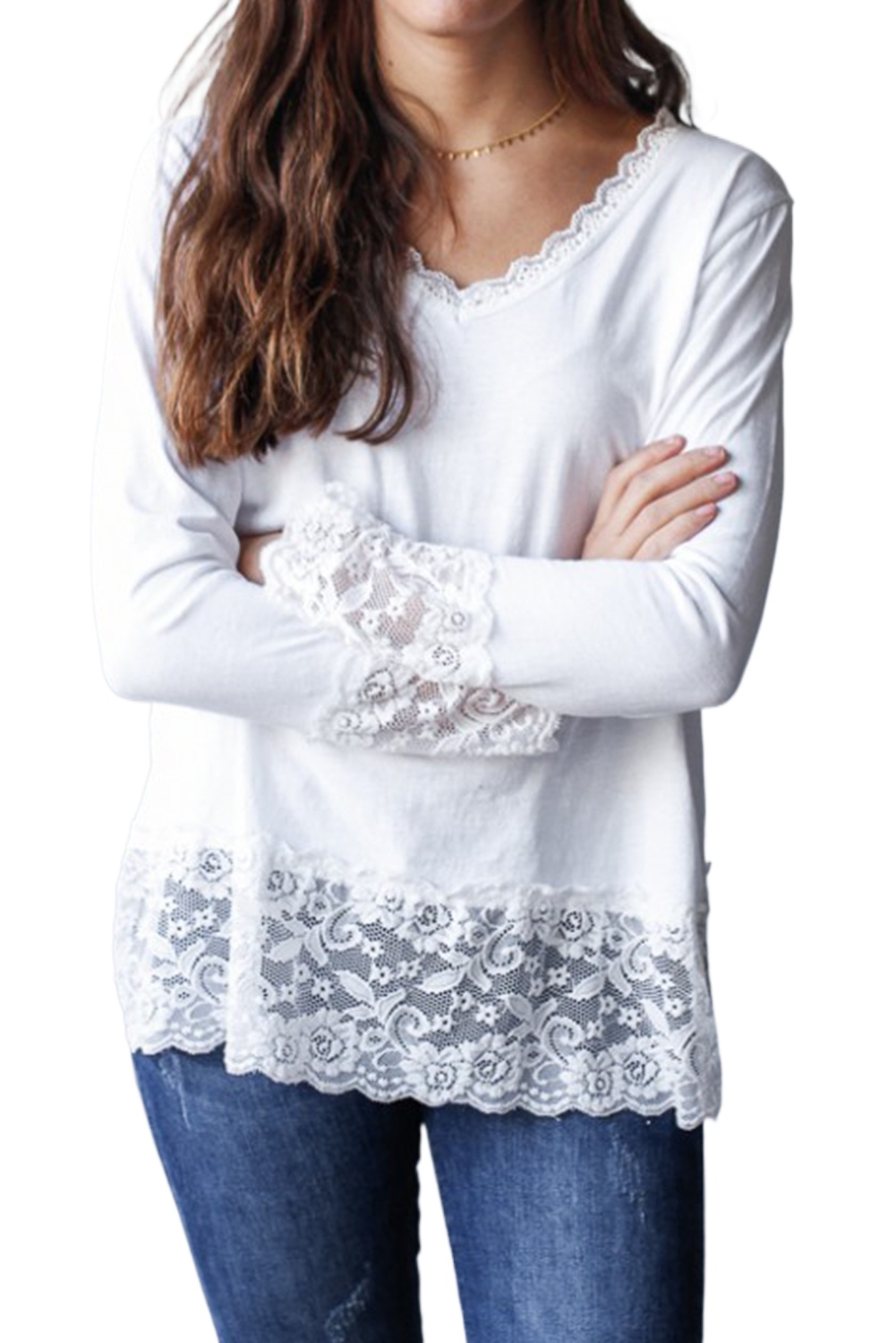 Women's White Lace Trim V-Neck Long Sleeve Loose Top for Daily Wear - Main View Women's White Lace Trim V-Neck Long Sleeve Loose Top for Daily Wear - Main View