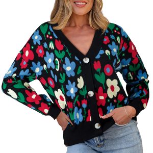 Women's Black Floral V-Neck Buttoned Short Cardigan for Daily Wear - Main View