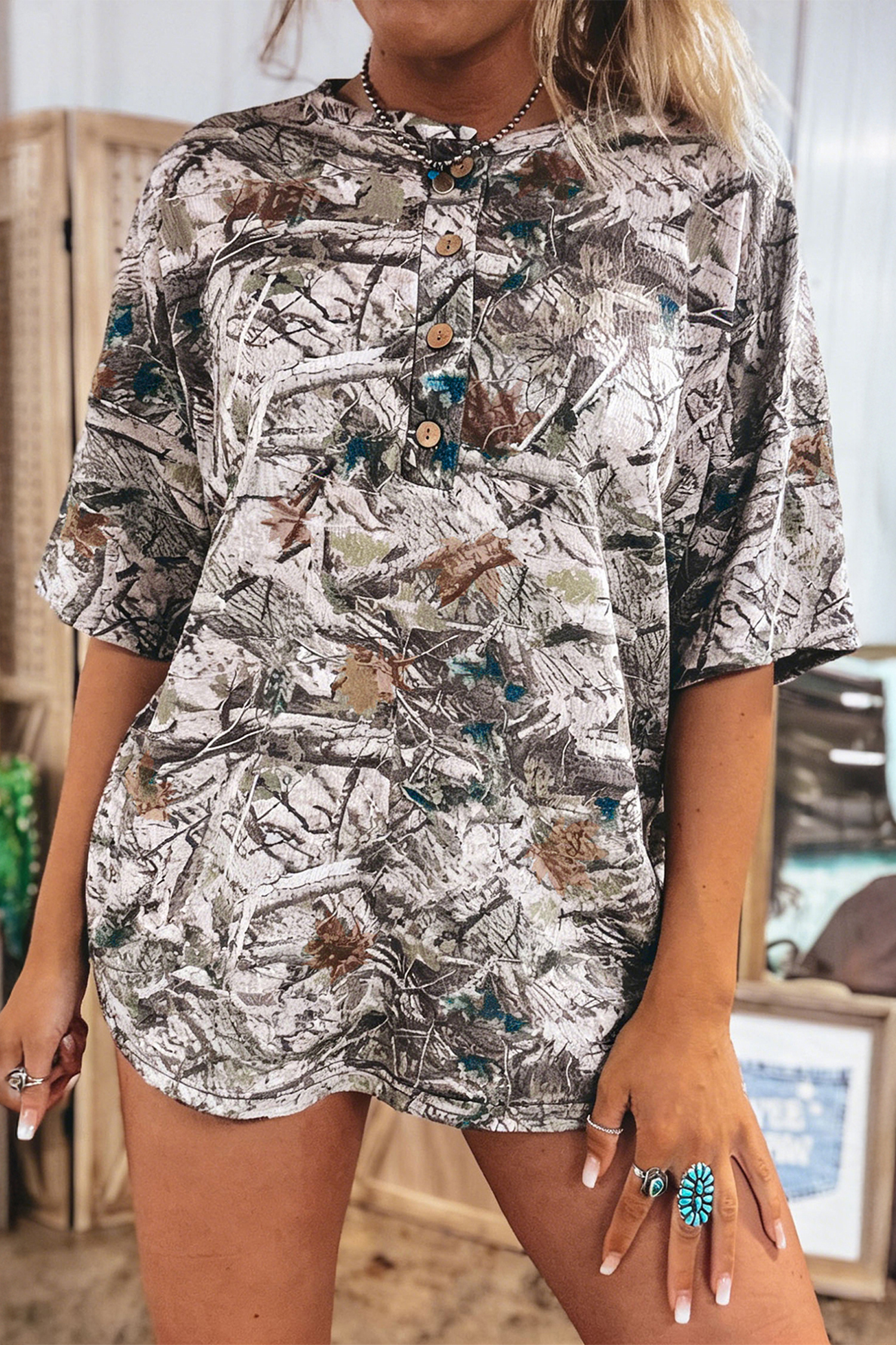 Western Style Abstract Woodland Tunic – Gray Henley Shirt for Daily Summer Wear - Detail View 5 Western Style Abstract Woodland Tunic – Gray Henley Shirt for Daily Summer Wear - Detail View 5