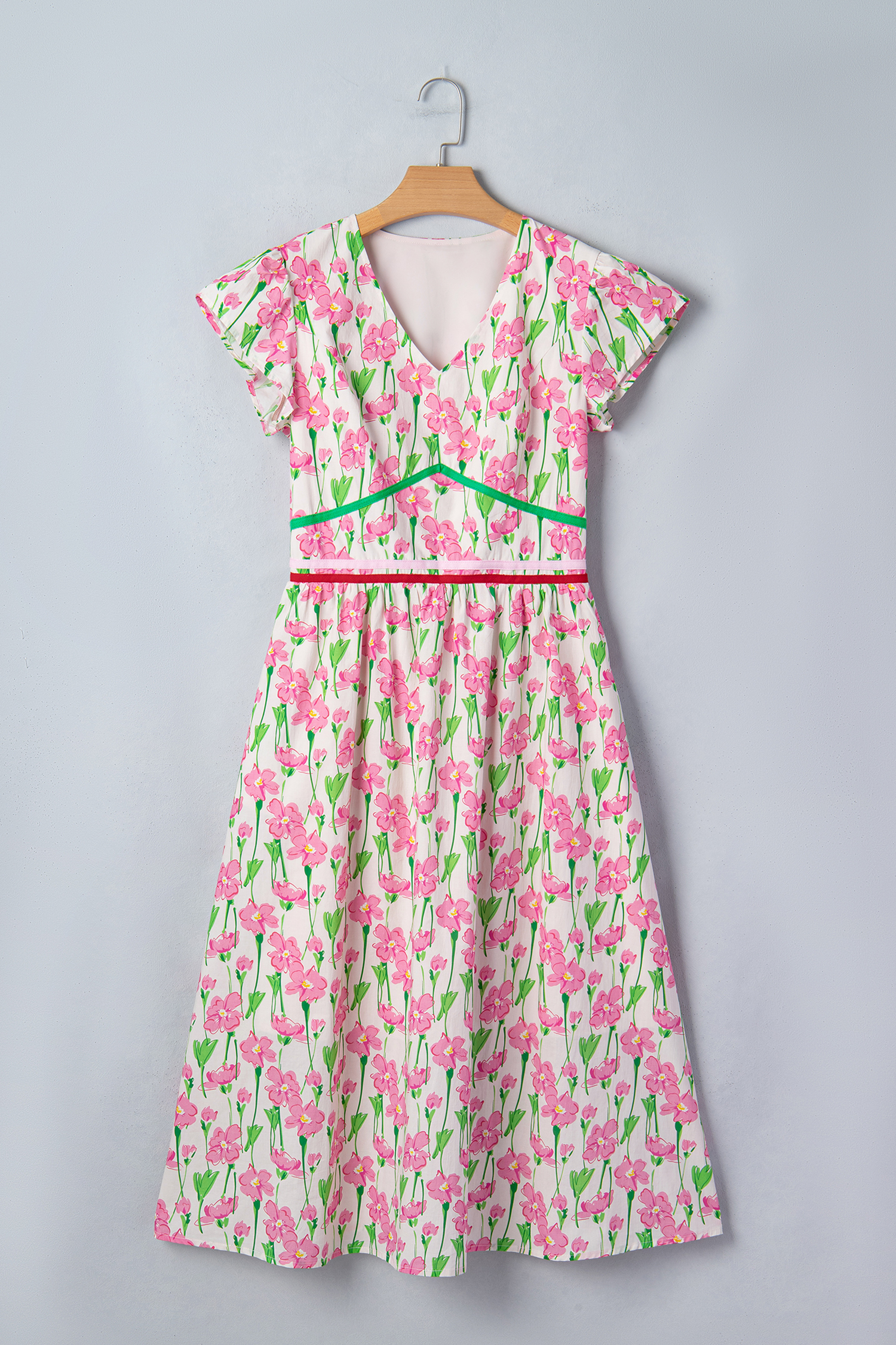 Chic Pink Floral Contrast Trim Midi Dress for Women – Short Sleeve, A-Line Silhouette for Vacation Outings - Detail View 17 Chic Pink Floral Contrast Trim Midi Dress for Women – Short Sleeve, A-Line Silhouette for Vacation Outings - Detail View 17
