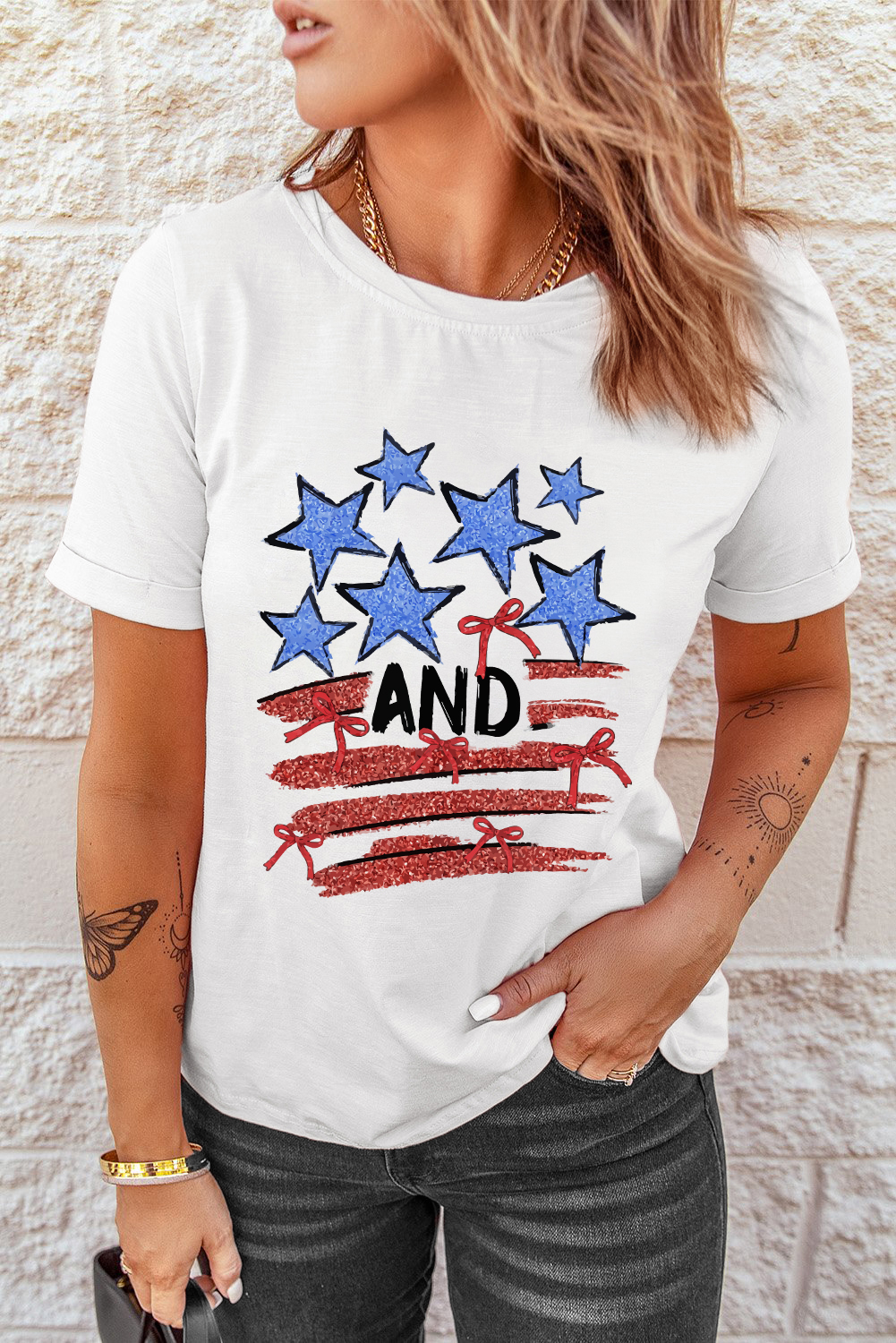 Chic Round Neck Graphic Tee with Shimmer Stars and Stripes - Casual Style - Detail View 6 Chic Round Neck Graphic Tee with Shimmer Stars and Stripes - Casual Style - Detail View 6