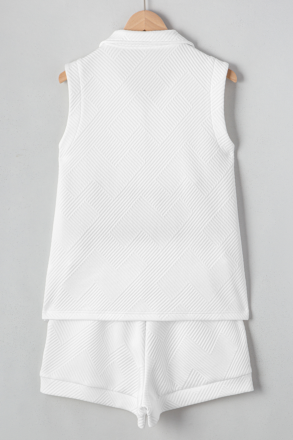 Comfortable and Chic Women's Summer Outfit - Textured Half Zip Tank with Matching Drawstring Shorts - Detail View 7 Comfortable and Chic Women's Summer Outfit - Textured Half Zip Tank with Matching Drawstring Shorts - Detail View 7