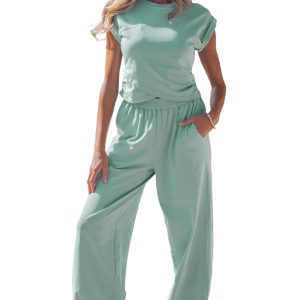 Women's Moonlight Jade Jogger Set – Casual Sleeveless Cropped Tank and High Waist Pants - Main View