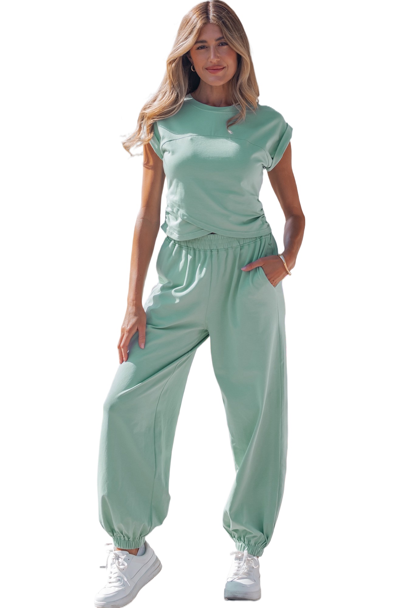 Women's Moonlight Jade Jogger Set – Casual Sleeveless Cropped Tank and High Waist Pants - Main View Women's Moonlight Jade Jogger Set – Casual Sleeveless Cropped Tank and High Waist Pants - Main View