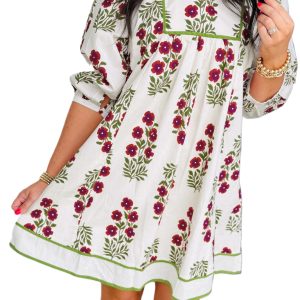 Women's White Floral Frilled V Neck Dress – Casual 3/4 Sleeve Summer Style - Main View