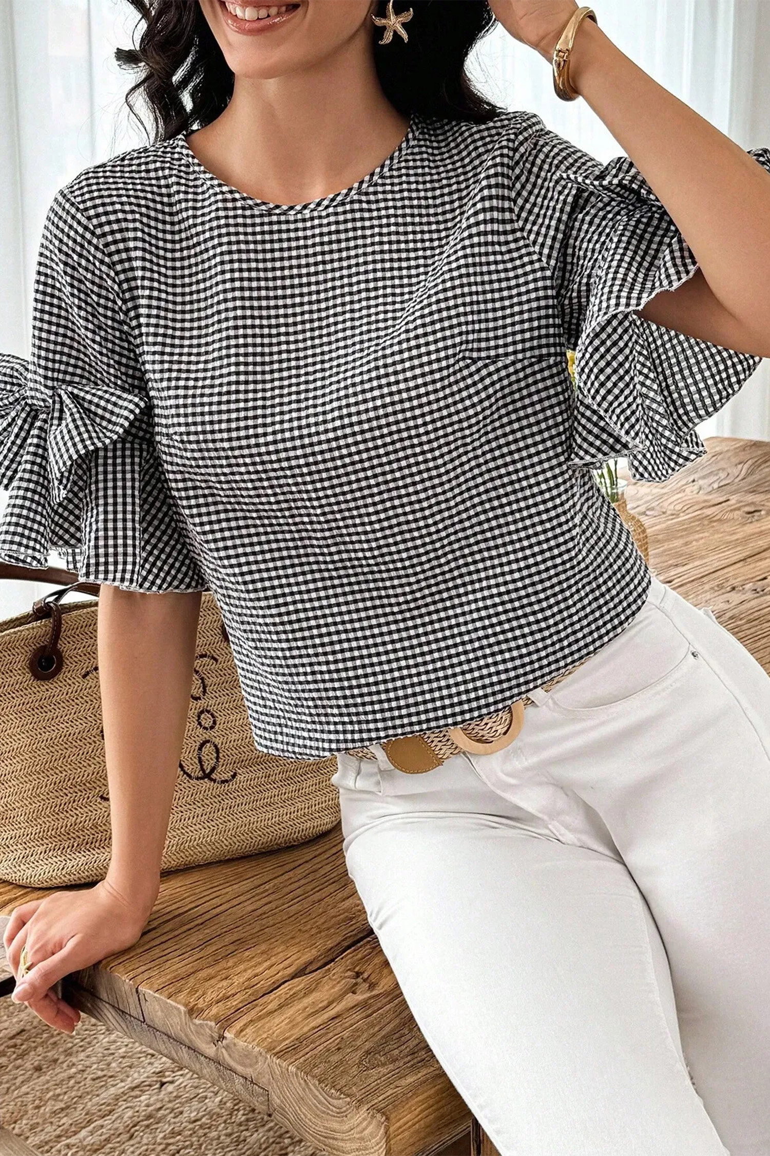 Chic Plaid Shift Top for Women - Ruffled Half Sleeve Round Neck Blouse, Summer Casual Style - Detail View 17 Chic Plaid Shift Top for Women - Ruffled Half Sleeve Round Neck Blouse, Summer Casual Style - Detail View 17