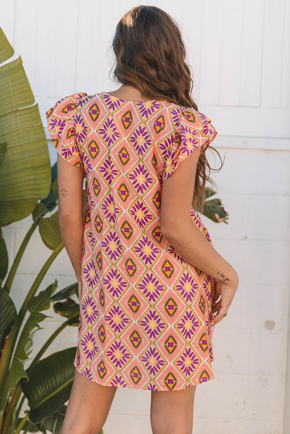 Chic Bohemian Style Orange Floral V Neck Buttoned Mini Dress - Detail View 2 Chic Bohemian Style Orange Floral V Neck Buttoned Mini Dress - Detail View 2