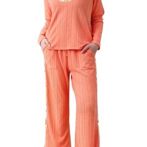 Women's Grapefruit Orange Crochet Floral V Neck Pants Set – Casual Spring & Summer Style - Main View