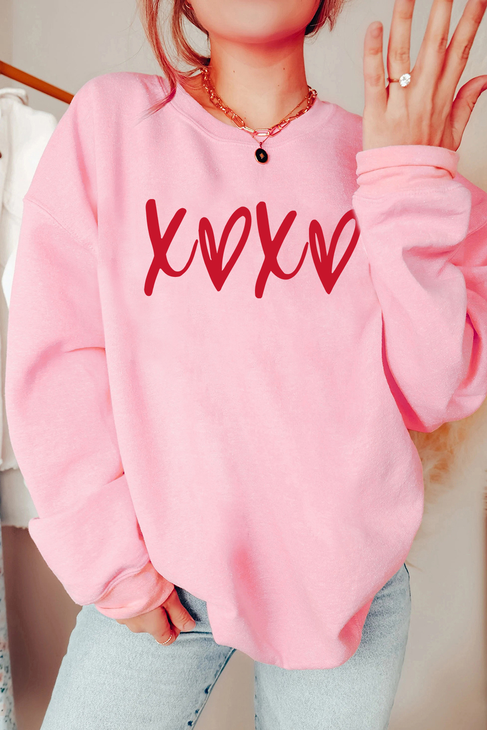 Casual Long Sleeve Pink Sweatshirt with Heart and XOXO Graphic - Perfect for Fall & Autumn - Detail View 2 Casual Long Sleeve Pink Sweatshirt with Heart and XOXO Graphic - Perfect for Fall & Autumn - Detail View 2