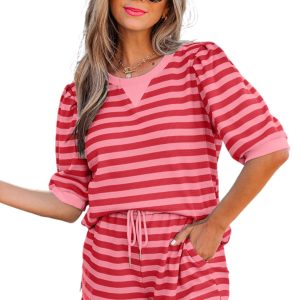 Women's Red Stripe Waffle Knit Short Sleeve Set – Casual High Waist Shift Shorts and Tee, Summer Daily Outfit - Main View