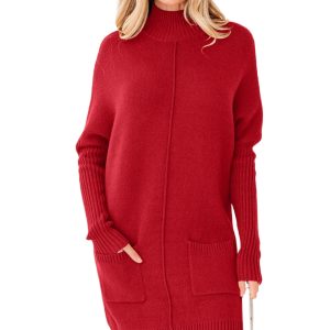 Women's Fiery Red Ribbed Shift Sweater Dress with Pockets – Casual Daily Wear - Main View