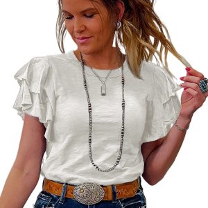 Women's White Layered Ruffle Short Sleeve Round Neck Top - Elegant Summer Tee - Main View