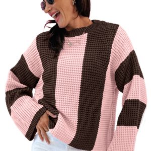Women's Fuchsia Striped Color Block Knit Sweater – Casual Fall Daily Wear - Main View