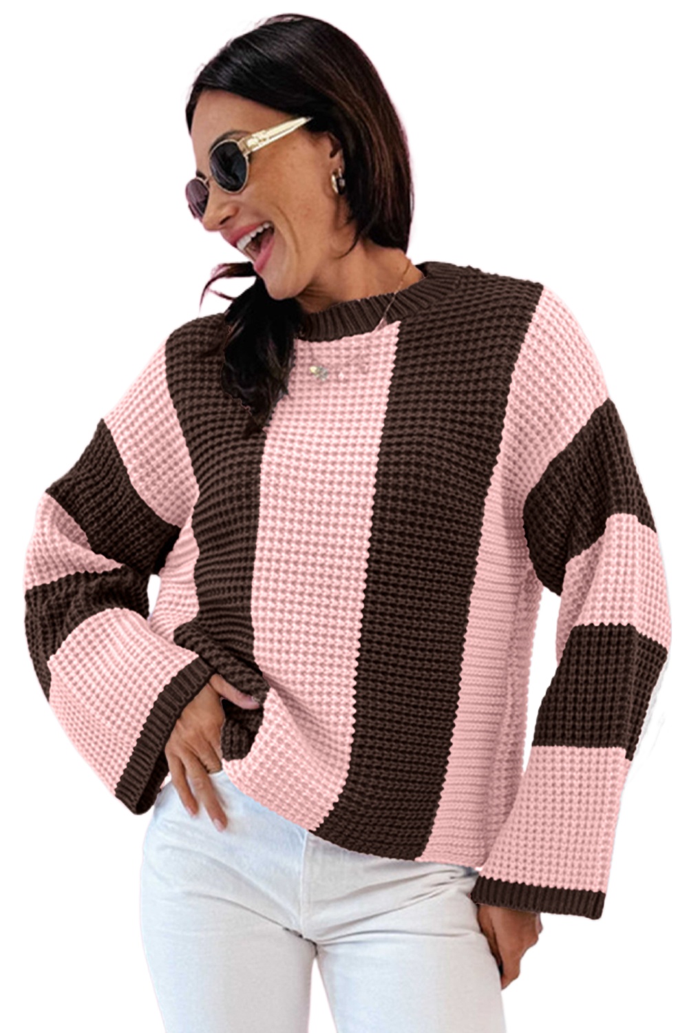 Women's Fuchsia Striped Color Block Knit Sweater – Casual Fall Daily Wear - Main View Women's Fuchsia Striped Color Block Knit Sweater – Casual Fall Daily Wear - Main View