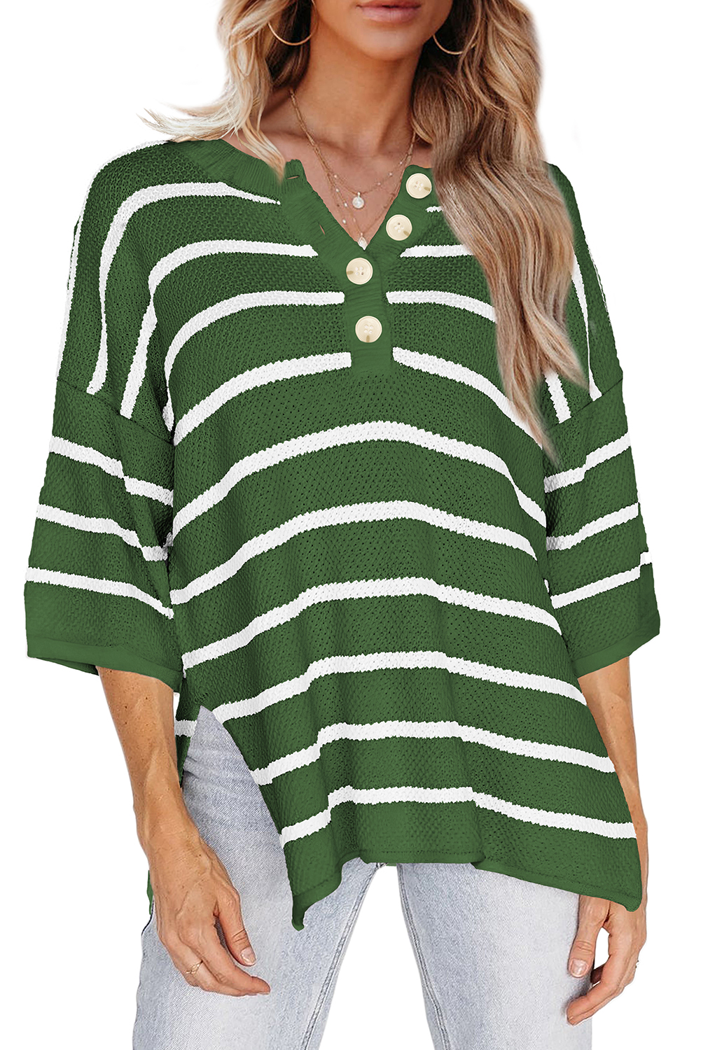 Women's Sweater, Green Stripe, Knit Tee, Buttoned Placket, Drop Shoulder, Three Quarter Sleeve, Casual Style, Daily Wear, Flattering Fit, Side Slits, Comfortable, Trendy Design, Short Sleeve Sweaters, Summer Fashion - Detail View 16 Women's Sweater, Green Stripe, Knit Tee, Buttoned Placket, Drop Shoulder, Three Quarter Sleeve, Casual Style, Daily Wear, Flattering Fit, Side Slits, Comfortable, Trendy Design, Short Sleeve Sweaters, Summer Fashion - Detail View 16