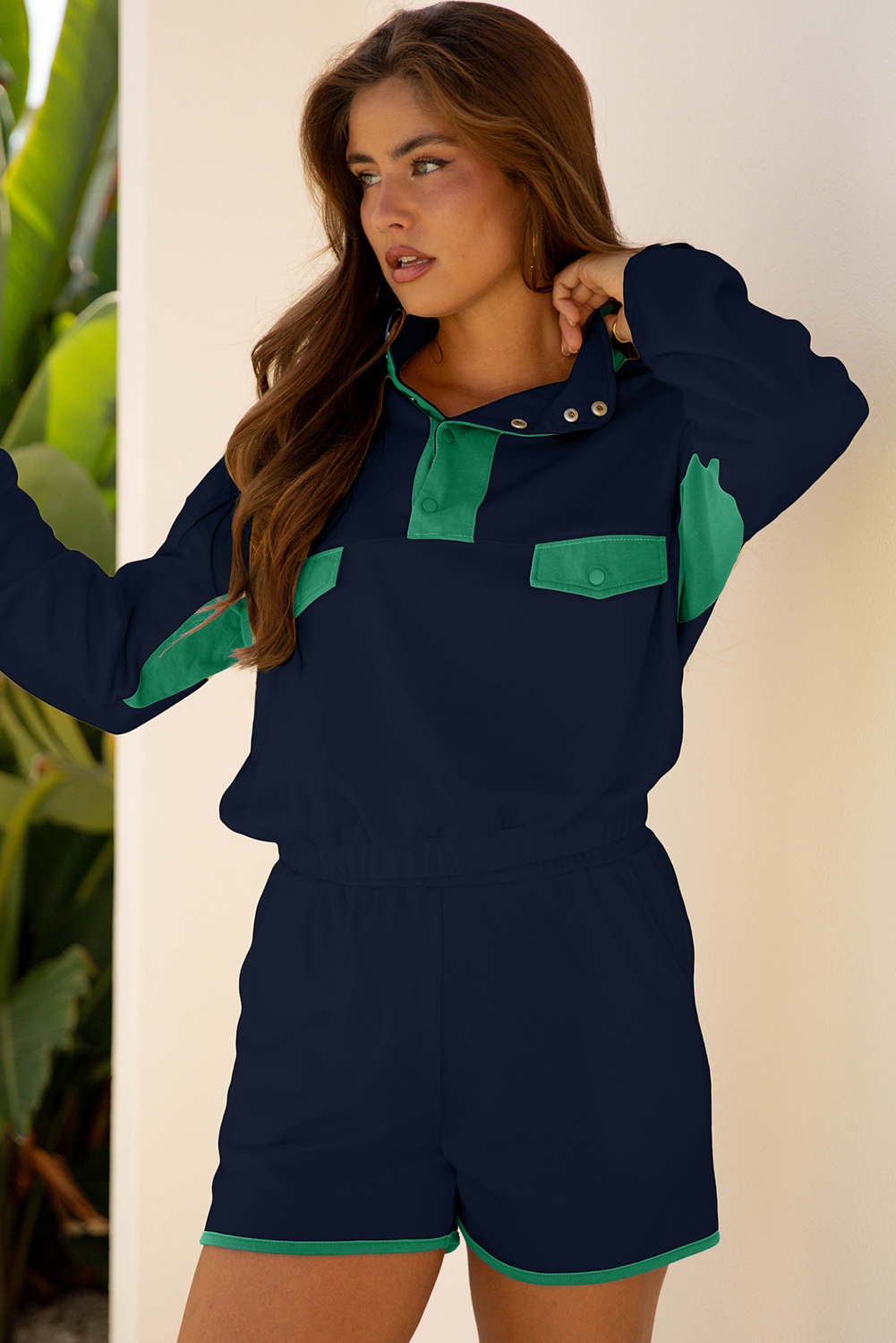 Casual Navy Blue Color Block Pullover and Shorts Ensemble – Perfect for Autumn Outings - Detail View 6 Casual Navy Blue Color Block Pullover and Shorts Ensemble – Perfect for Autumn Outings - Detail View 6
