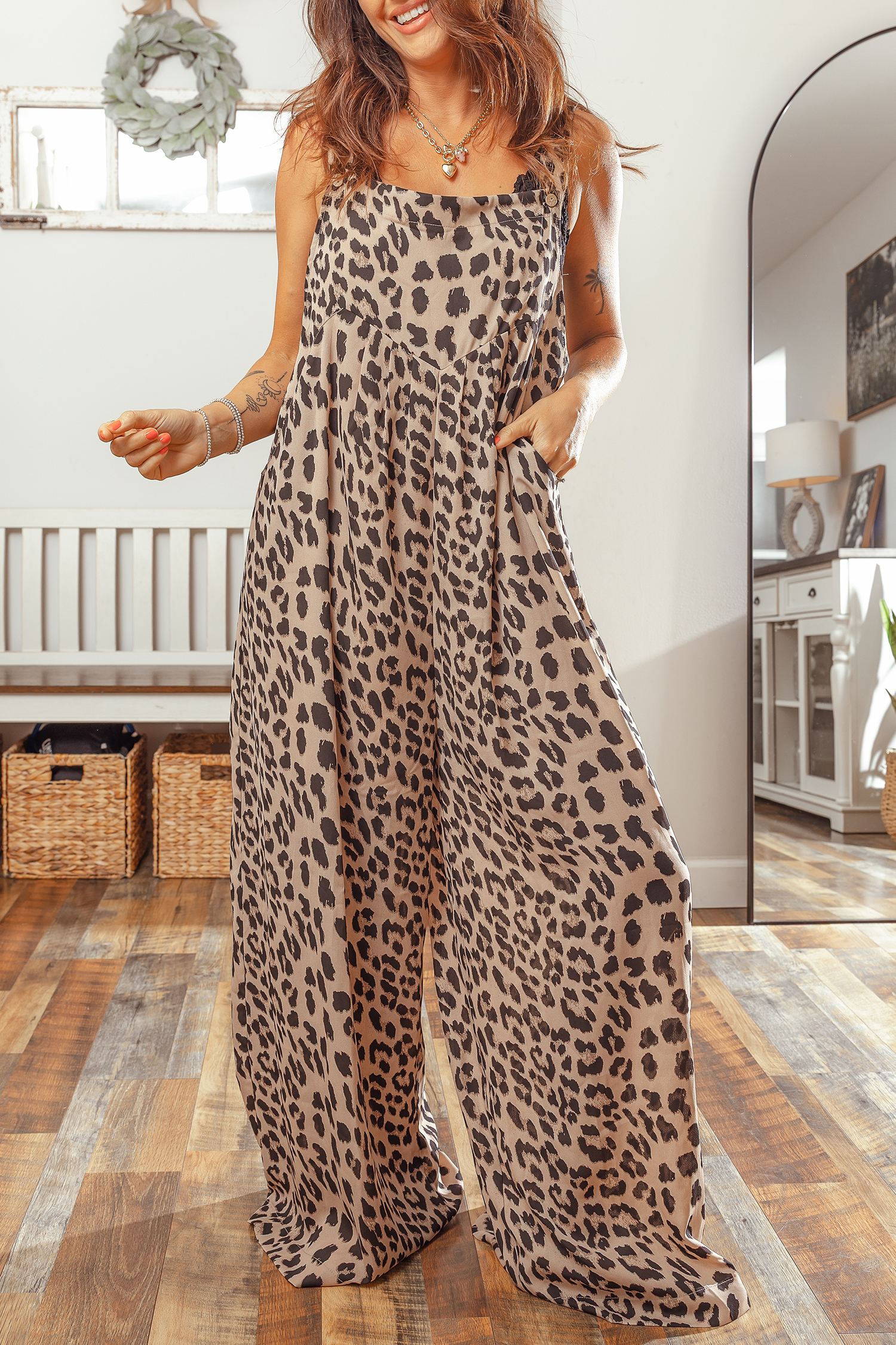 Women's Khaki Leopard Jumpsuit - Western Style Summer Gift - Detail View 9 Women's Khaki Leopard Jumpsuit - Western Style Summer Gift - Detail View 9
