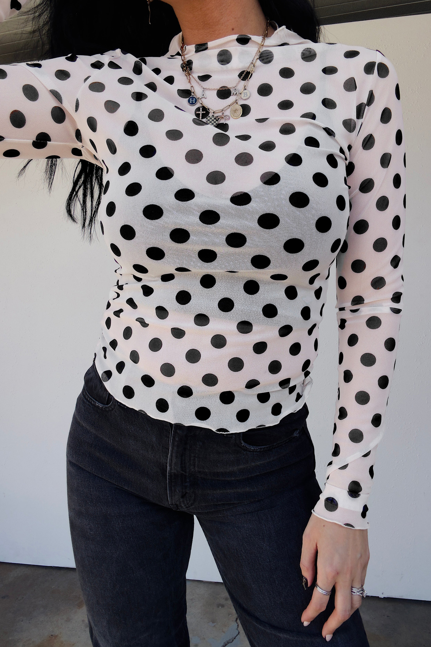Women's Mesh Polka Dot Top – Long Sleeve Stand Neck Gift - Detail View 18 Women's Mesh Polka Dot Top – Long Sleeve Stand Neck Gift - Detail View 18