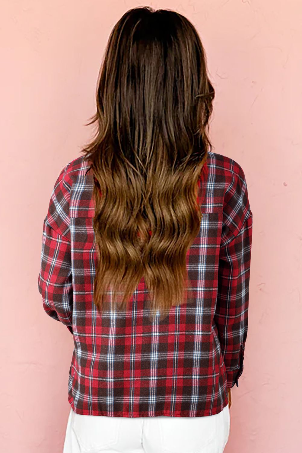Stylish Long Sleeve Red Plaid Blouse - Comfortable and Loose Fit - Detail View 2 Stylish Long Sleeve Red Plaid Blouse - Comfortable and Loose Fit - Detail View 2