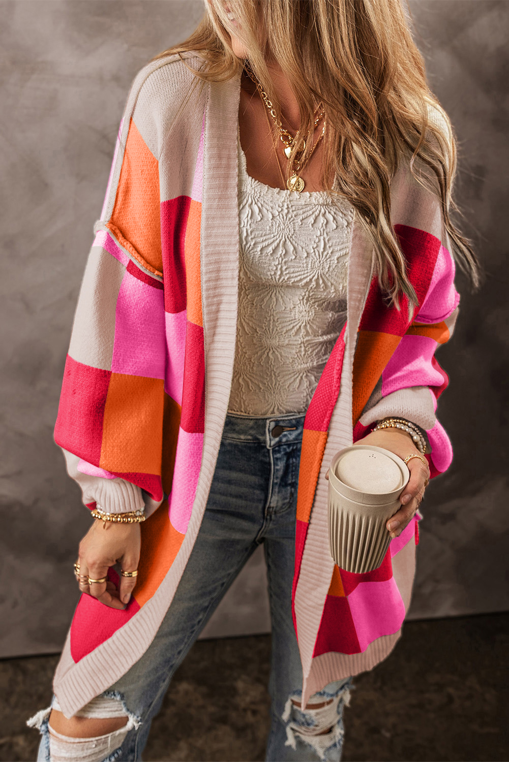 Drop Shoulder Plaid Sweater, Cozy Open Front Layering Piece - Detail View 3 Drop Shoulder Plaid Sweater, Cozy Open Front Layering Piece - Detail View 3