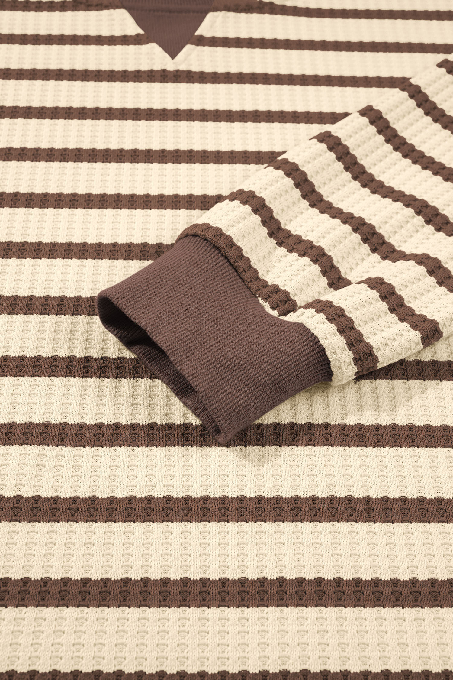 Brown Stripe Pullover, Women's Round Neck Waffle Knit Top - Detail View 11 Brown Stripe Pullover, Women's Round Neck Waffle Knit Top - Detail View 11