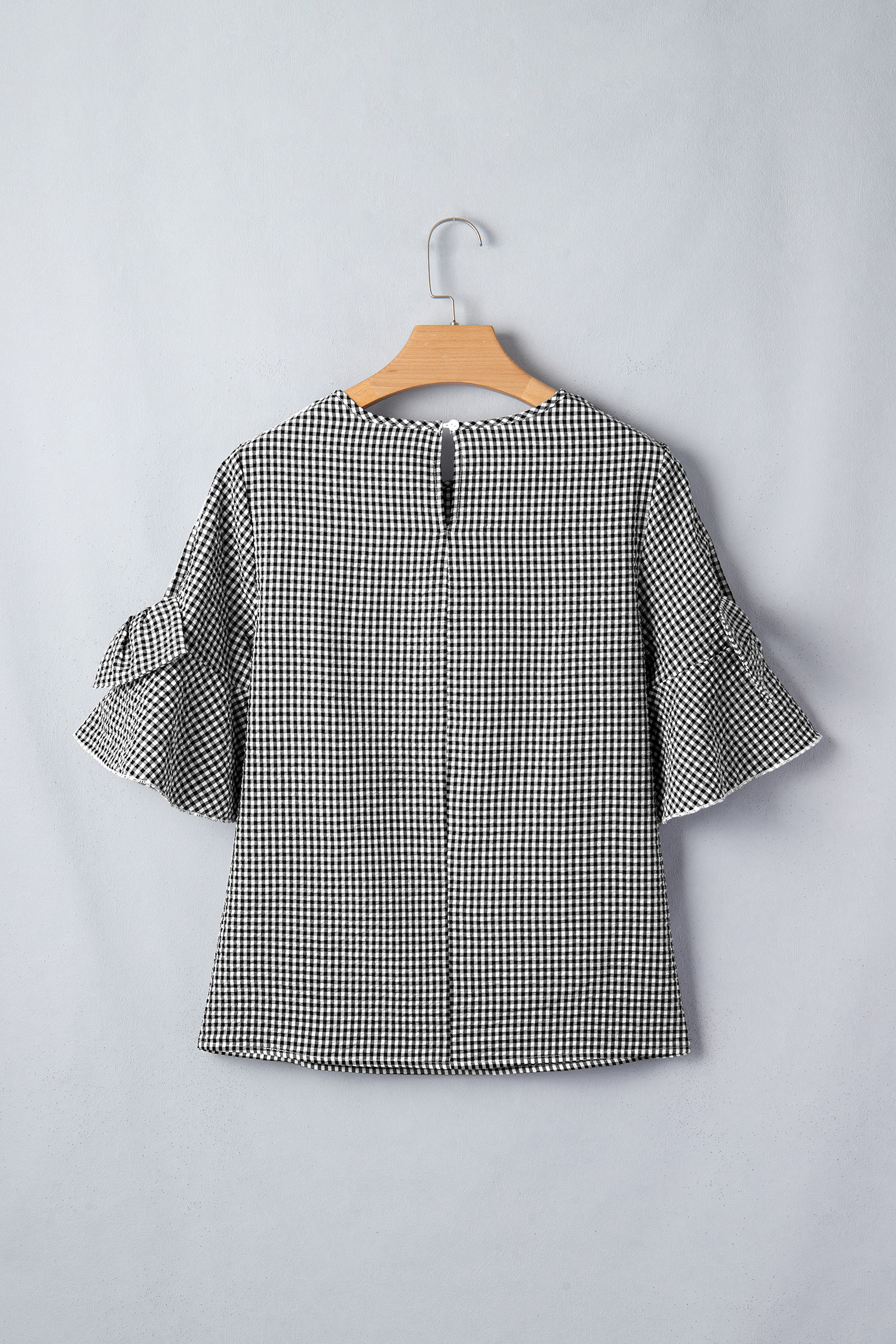 Women's Plaid Round Neck Blouse – Ruffled Half Sleeve Casual Top, Black Checkered Pattern - Detail View 16 Women's Plaid Round Neck Blouse – Ruffled Half Sleeve Casual Top, Black Checkered Pattern - Detail View 16