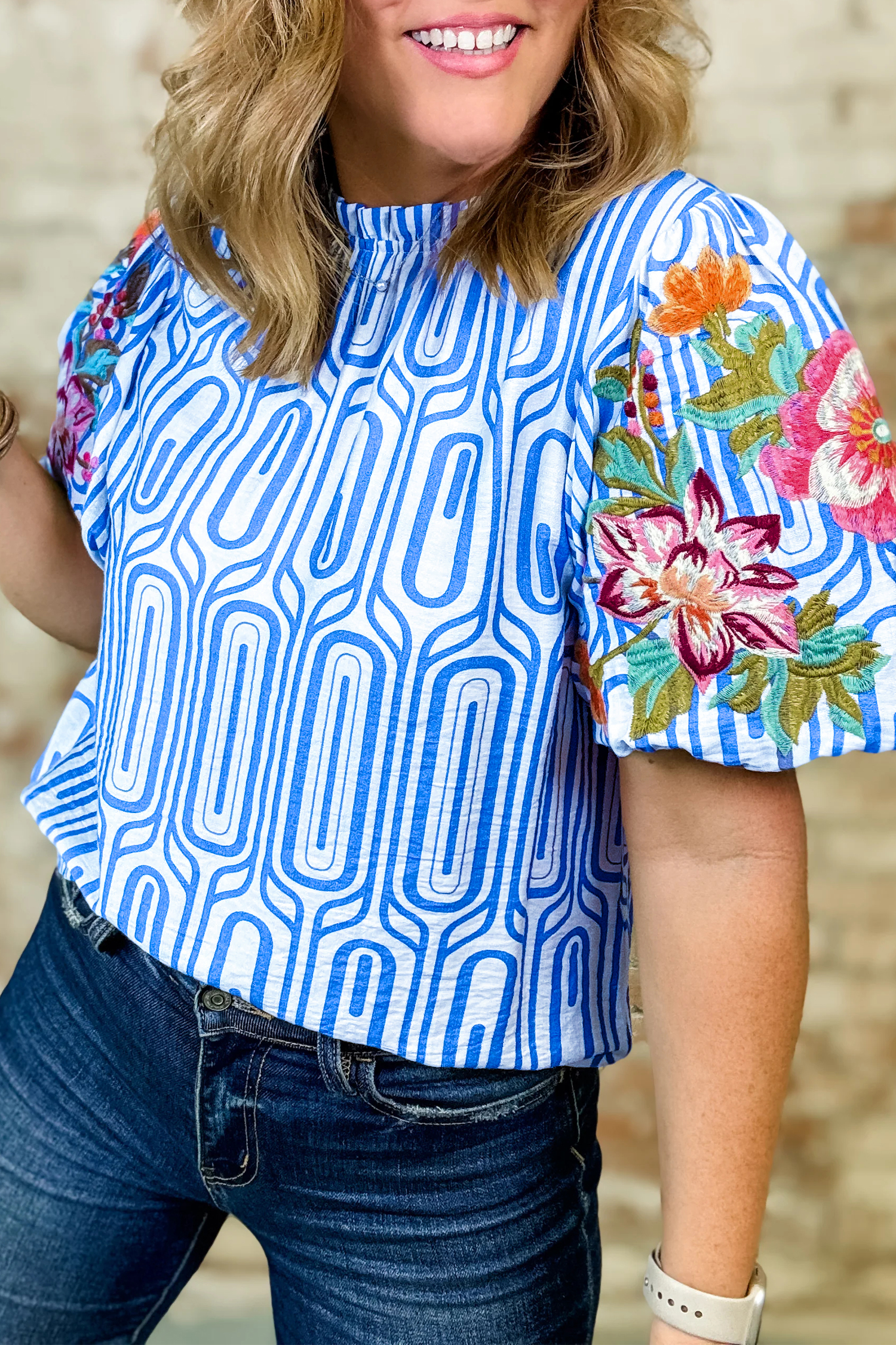 Casual Summer Floral Blouse for Women – Shift Silhouette Geometric Print with Delicate Embroidery - Detail View 3 Casual Summer Floral Blouse for Women – Shift Silhouette Geometric Print with Delicate Embroidery - Detail View 3