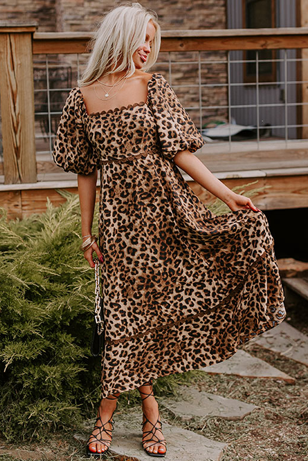 Women's Maxi Dress, Brown Leopard Print, Bubble Sleeve, Square Neck, Casual Dress, Summer Fashion, Trendy Outfit, Elegant Style, Flowy Look, High Waist, Puff Sleeve, Daily Wear, Polyester Dress, A-Line Silhouette - Detail View 8 Women's Maxi Dress, Brown Leopard Print, Bubble Sleeve, Square Neck, Casual Dress, Summer Fashion, Trendy Outfit, Elegant Style, Flowy Look, High Waist, Puff Sleeve, Daily Wear, Polyester Dress, A-Line Silhouette - Detail View 8