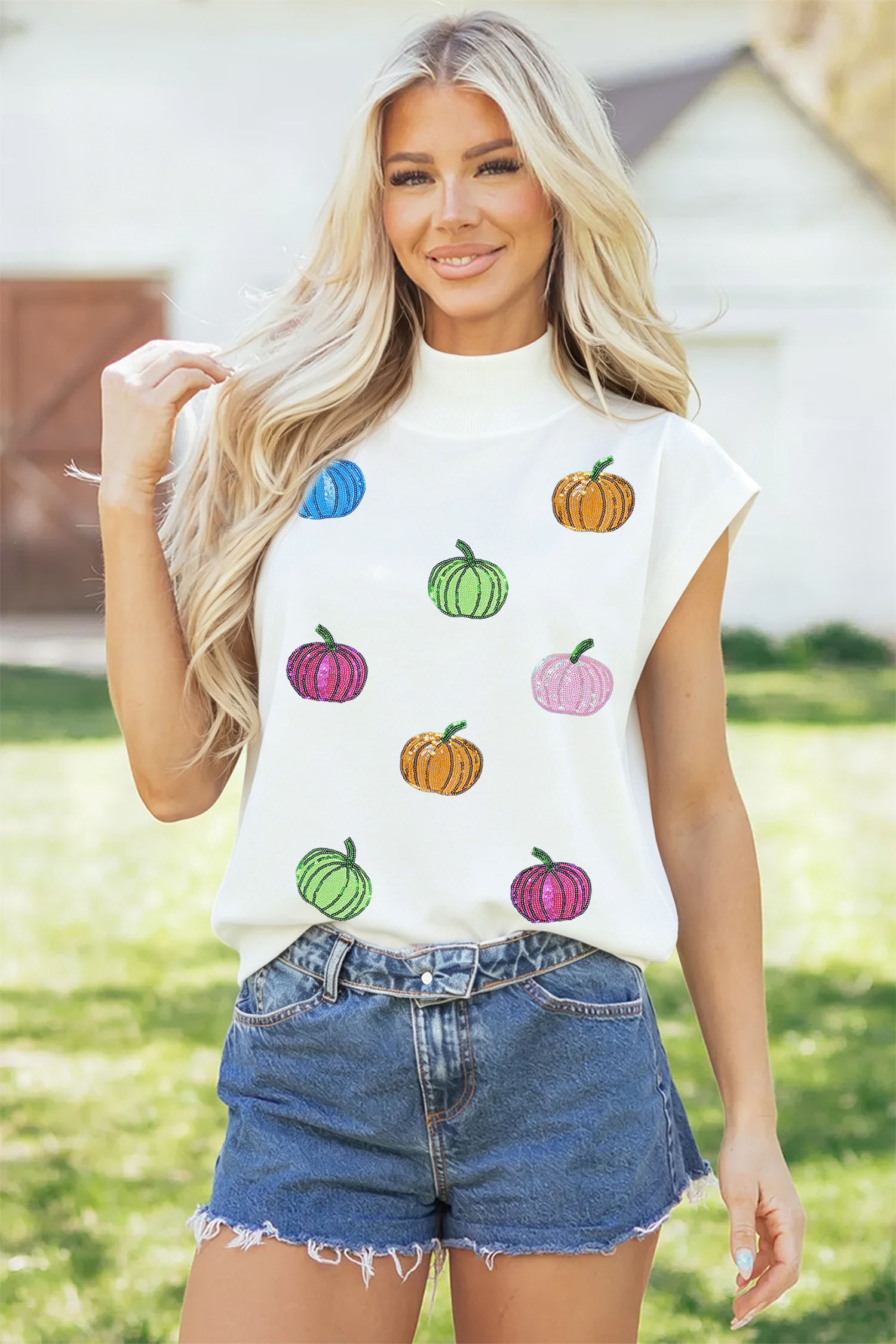 Graphic Pumpkin Sequin Blouse, Trendy Short Sleeve Fall Top - Detail View 5 Graphic Pumpkin Sequin Blouse, Trendy Short Sleeve Fall Top - Detail View 5
