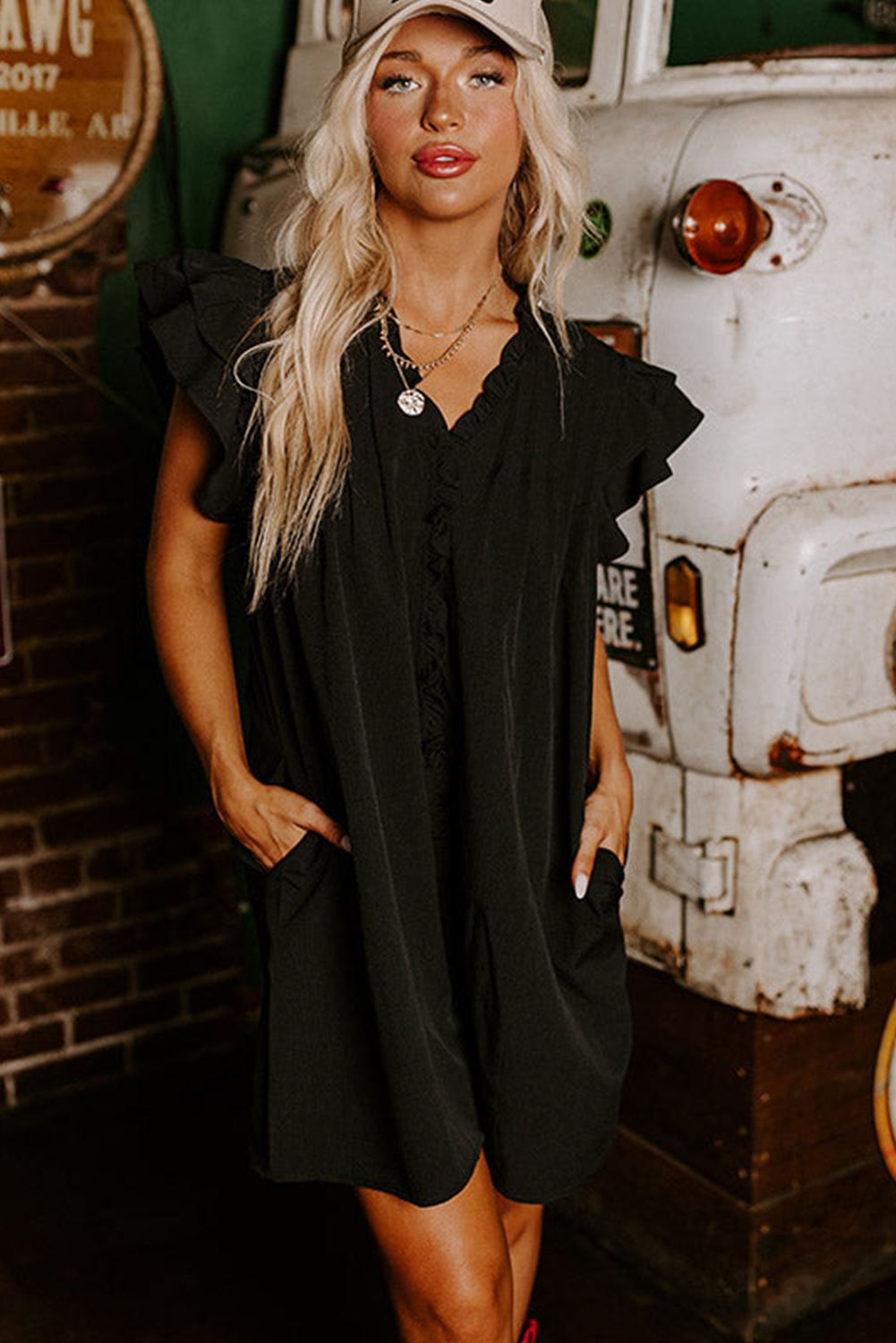 Chic Black Ruffled Shift Dress with V Neck and Pleated Accents for Casual Wear - Detail View 10 Chic Black Ruffled Shift Dress with V Neck and Pleated Accents for Casual Wear - Detail View 10