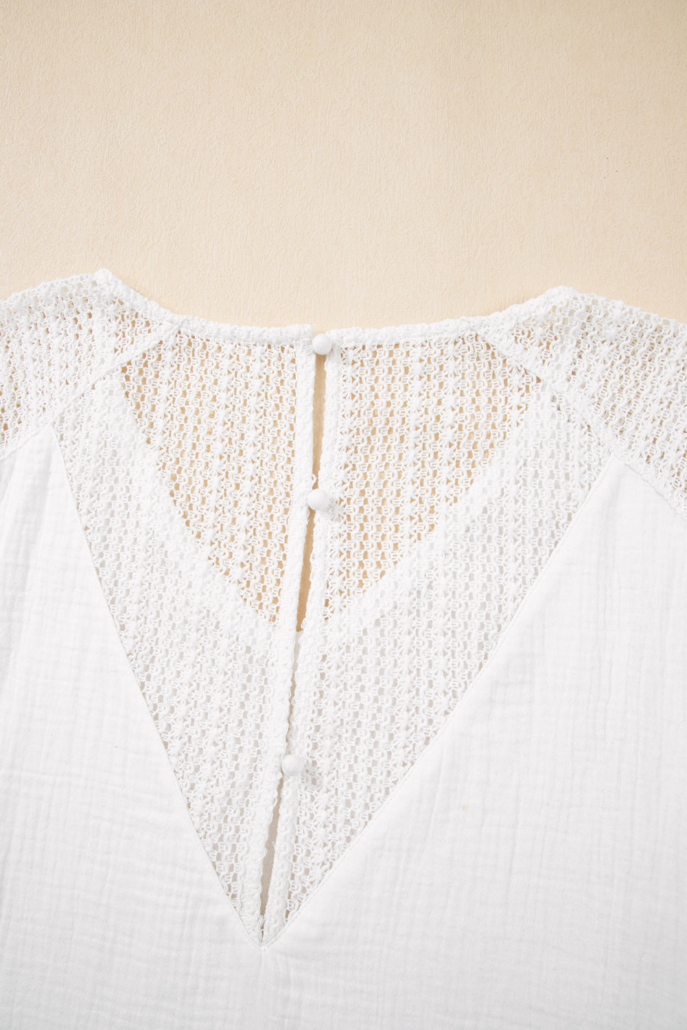 Women's White Lace Crochet Textured Button Back V Neck T-Shirt for Casual and Vacation Wear - Detail View 13 Women's White Lace Crochet Textured Button Back V Neck T-Shirt for Casual and Vacation Wear - Detail View 13