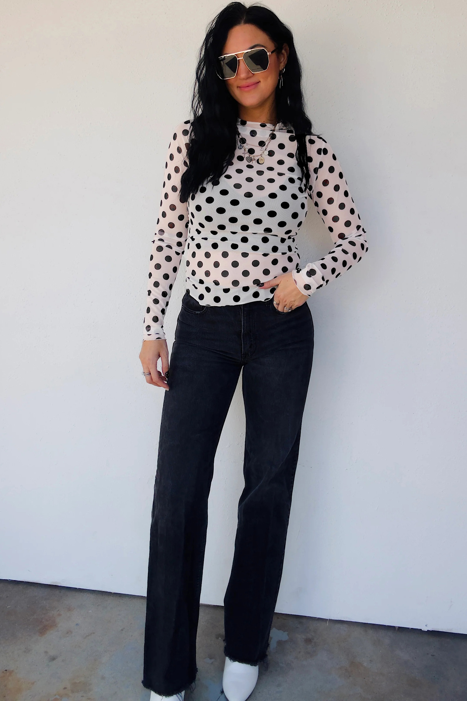 Women's Mesh Polka Dot Top – Long Sleeve Stand Neck Gift - Detail View 6 Women's Mesh Polka Dot Top – Long Sleeve Stand Neck Gift - Detail View 6