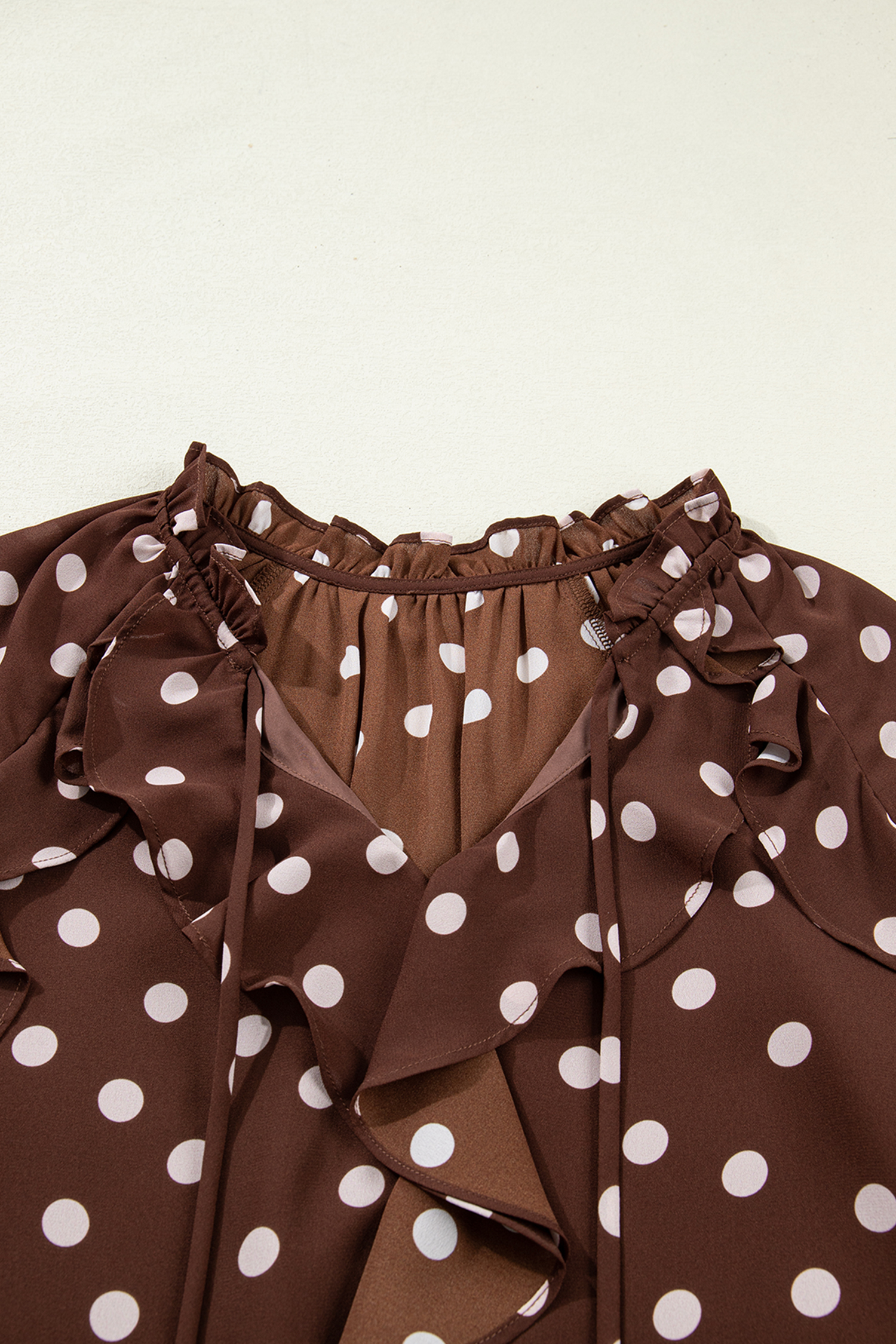 Chic Coffee Polka Dot Ruffle Trim Blouse for Women – Long Bell Sleeve V Neck Top for Daily Wear - Detail View 8 Chic Coffee Polka Dot Ruffle Trim Blouse for Women – Long Bell Sleeve V Neck Top for Daily Wear - Detail View 8