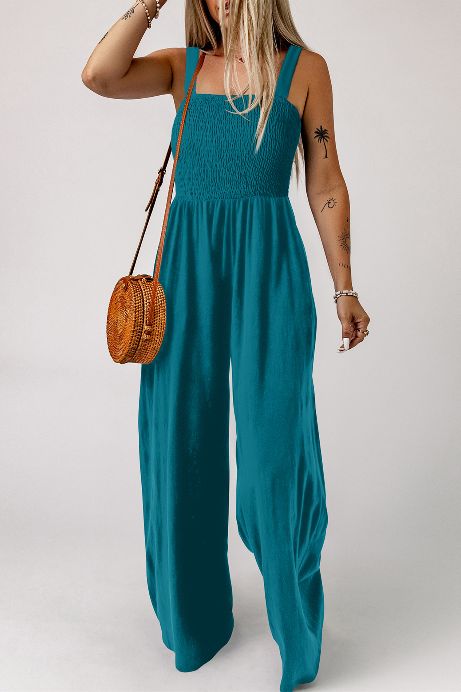 Women's Square Neck Smocked Jumpsuit – Sleeveless High Waist Solid Blue One-Piece, Stylish Fashion Gift for Her - Detail View 3 Women's Square Neck Smocked Jumpsuit – Sleeveless High Waist Solid Blue One-Piece, Stylish Fashion Gift for Her - Detail View 3