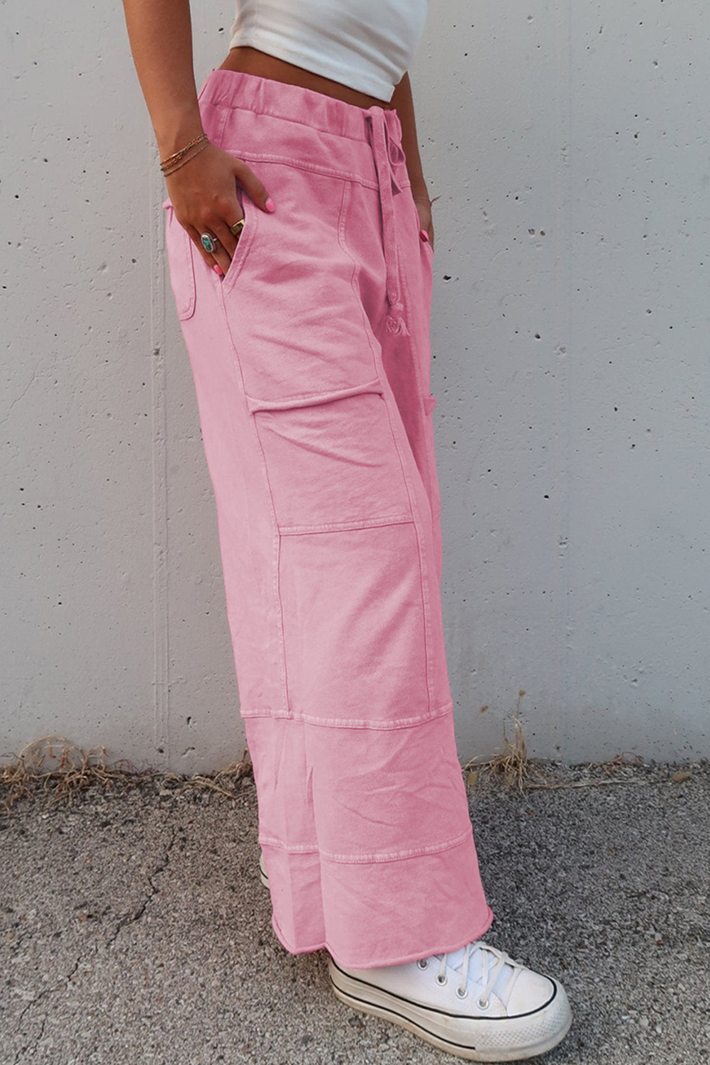 Stylish High Waist Cargo Pants for Women - Bonbon Mineral Wash with Functional Pockets - Detail View 3 Stylish High Waist Cargo Pants for Women - Bonbon Mineral Wash with Functional Pockets - Detail View 3