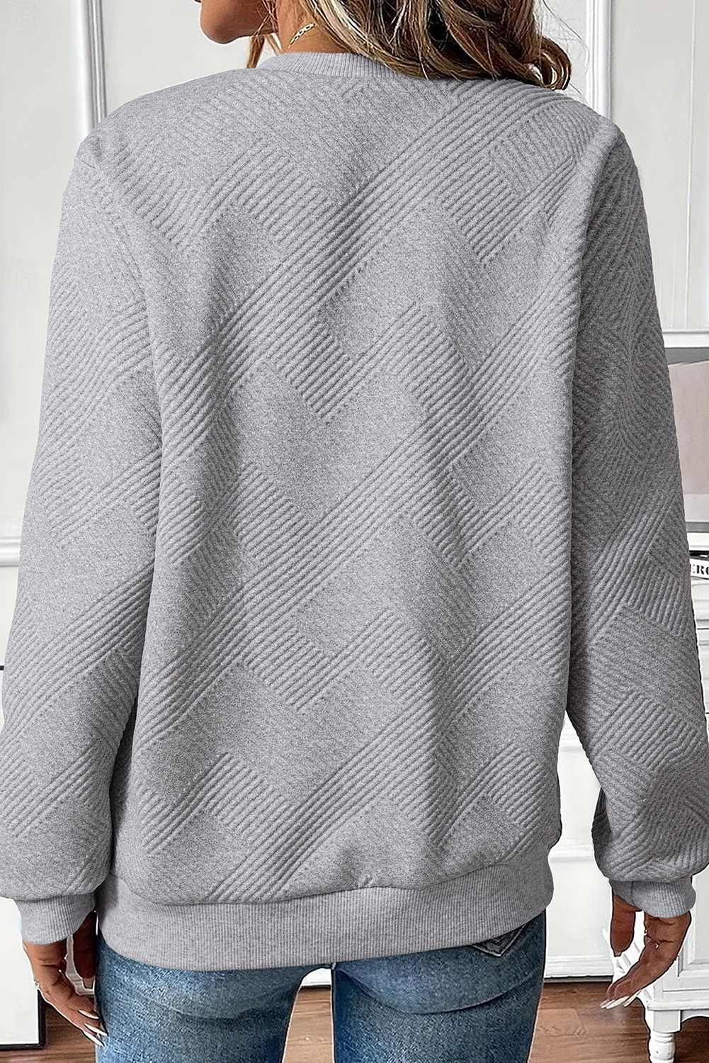 Trendy V-Neck Long Sleeve Sweatshirt in Medium Grey for Women – Textured Fabric Ideal for Fall Layering - Detail View 5 Trendy V-Neck Long Sleeve Sweatshirt in Medium Grey for Women – Textured Fabric Ideal for Fall Layering - Detail View 5