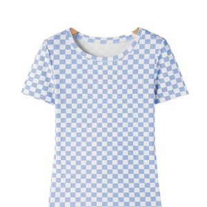 Sky Blue Checkered Ribbed Slim Fit Crew Neck T-Shirt for Women – Casual Summer Style - Main View