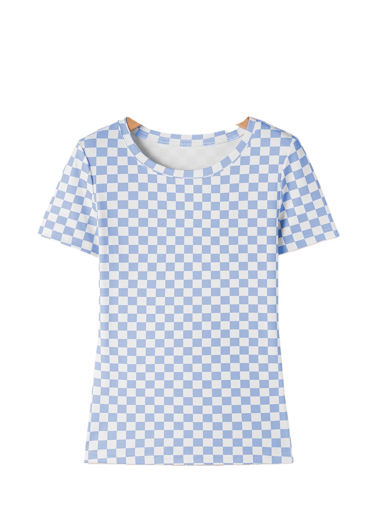 Sky Blue Checkered Ribbed Slim Fit Crew Neck T-Shirt for Women – Casual Summer Style - Main View Sky Blue Checkered Ribbed Slim Fit Crew Neck T-Shirt for Women – Casual Summer Style - Main View
