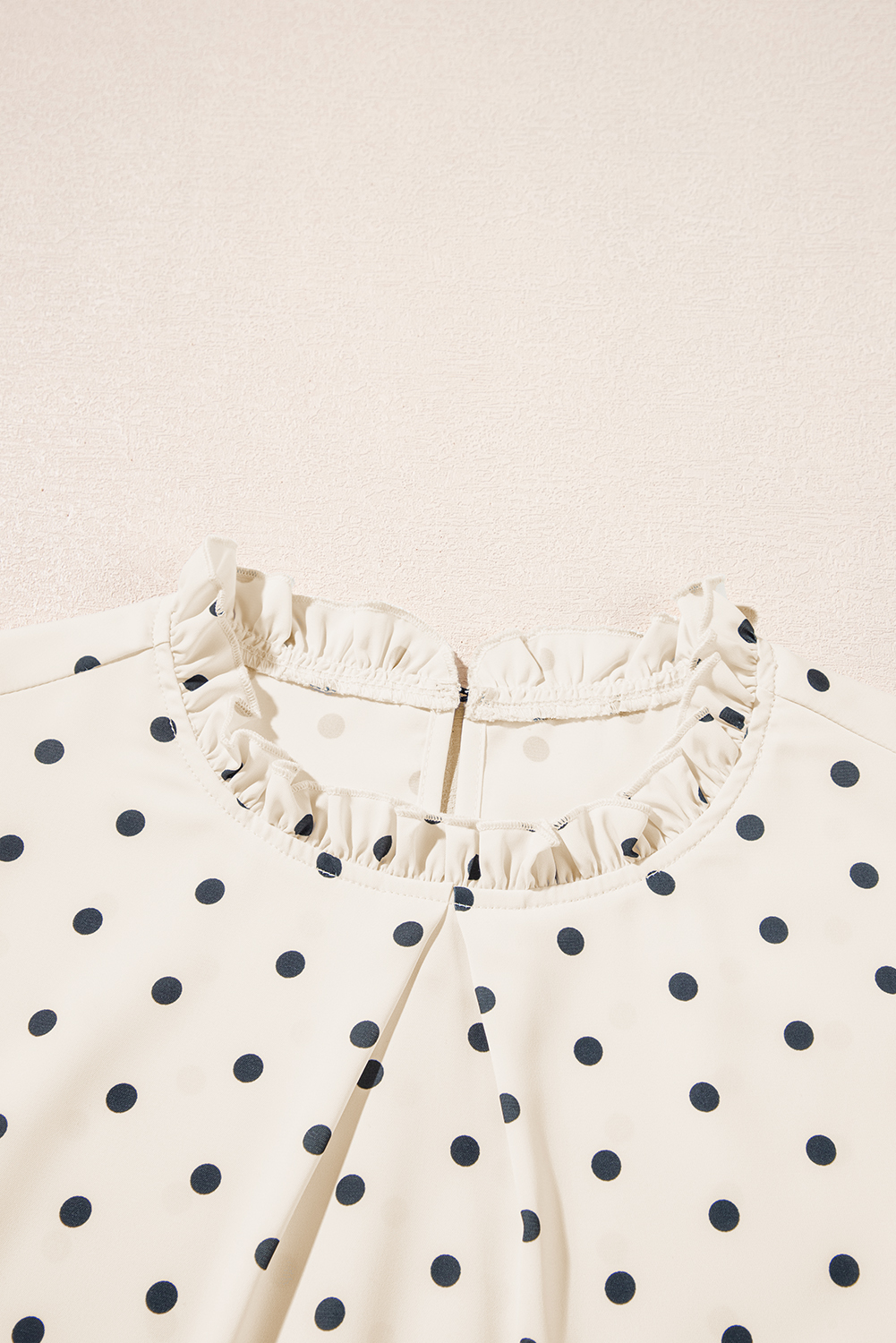 Women's Elegant Apricot Polka Dot Print Blouse with Frilled Collar and Lantern Sleeves - Detail View 9 Women's Elegant Apricot Polka Dot Print Blouse with Frilled Collar and Lantern Sleeves - Detail View 9