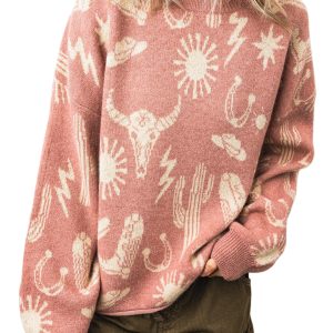 Women's Western Print Sweater, Peach Blossom Drop Shoulder - Main View