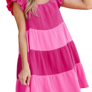 Women's Pink Crinkled Colorblock Patchwork Flutter Tiered Mini Dress - Main View