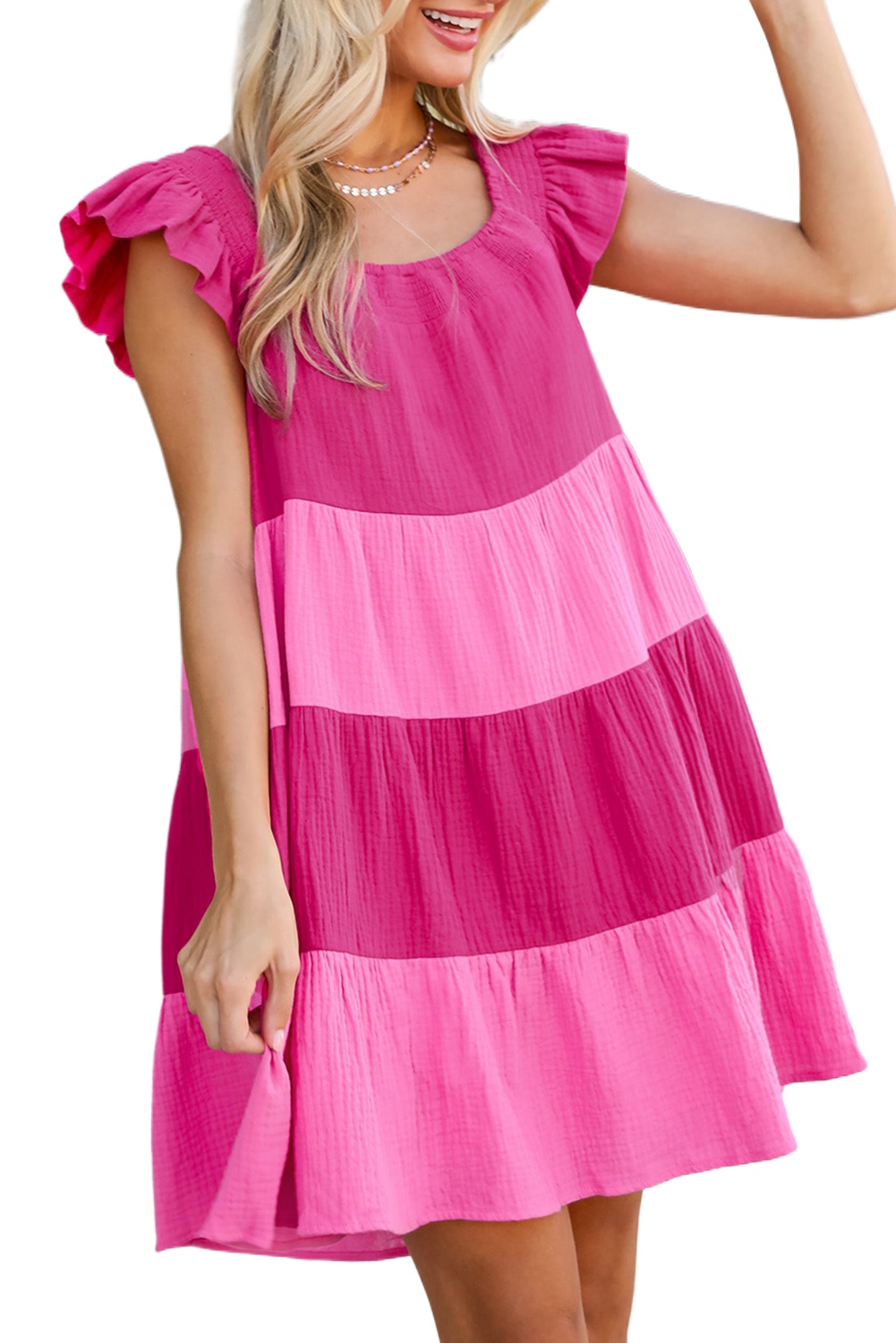 Women's Pink Crinkled Colorblock Patchwork Flutter Tiered Mini Dress - Main View Women's Pink Crinkled Colorblock Patchwork Flutter Tiered Mini Dress - Main View
