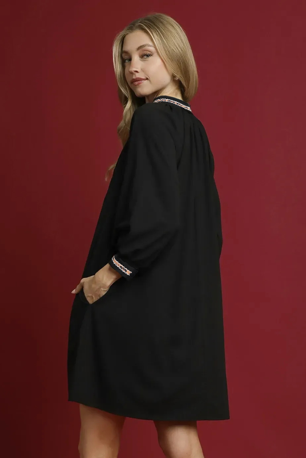 Women's Black V-Neck Shift Mini Dress with Bracelet Sleeves for Daily Wear - Detail View 10 Women's Black V-Neck Shift Mini Dress with Bracelet Sleeves for Daily Wear - Detail View 10