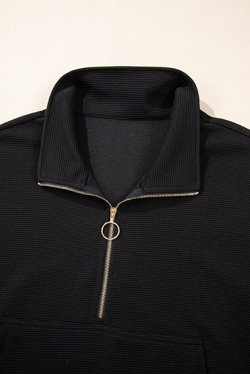 Women's Black Textured Quarter Zip Top and Drawstring High Waist Shorts Set - Detail View 9 Women's Black Textured Quarter Zip Top and Drawstring High Waist Shorts Set - Detail View 9