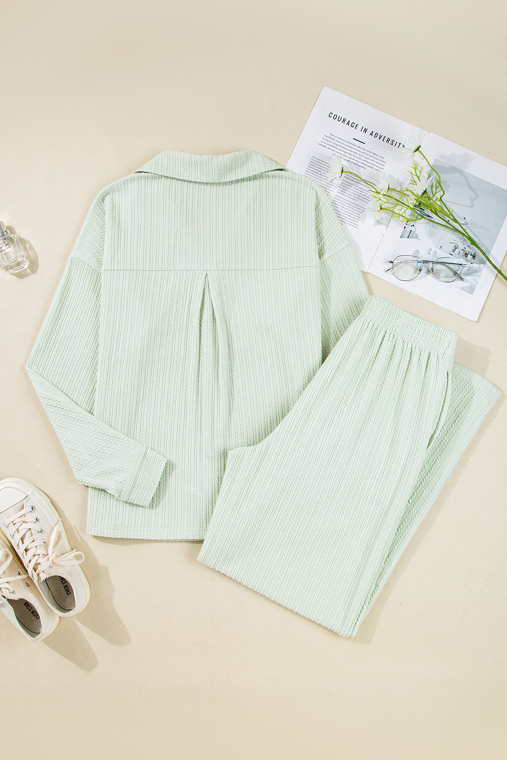 Women's Clearly Aqua Textured Patched Chest Pocket Shirt and High-Waist Pants Set - Detail View 5 Women's Clearly Aqua Textured Patched Chest Pocket Shirt and High-Waist Pants Set - Detail View 5