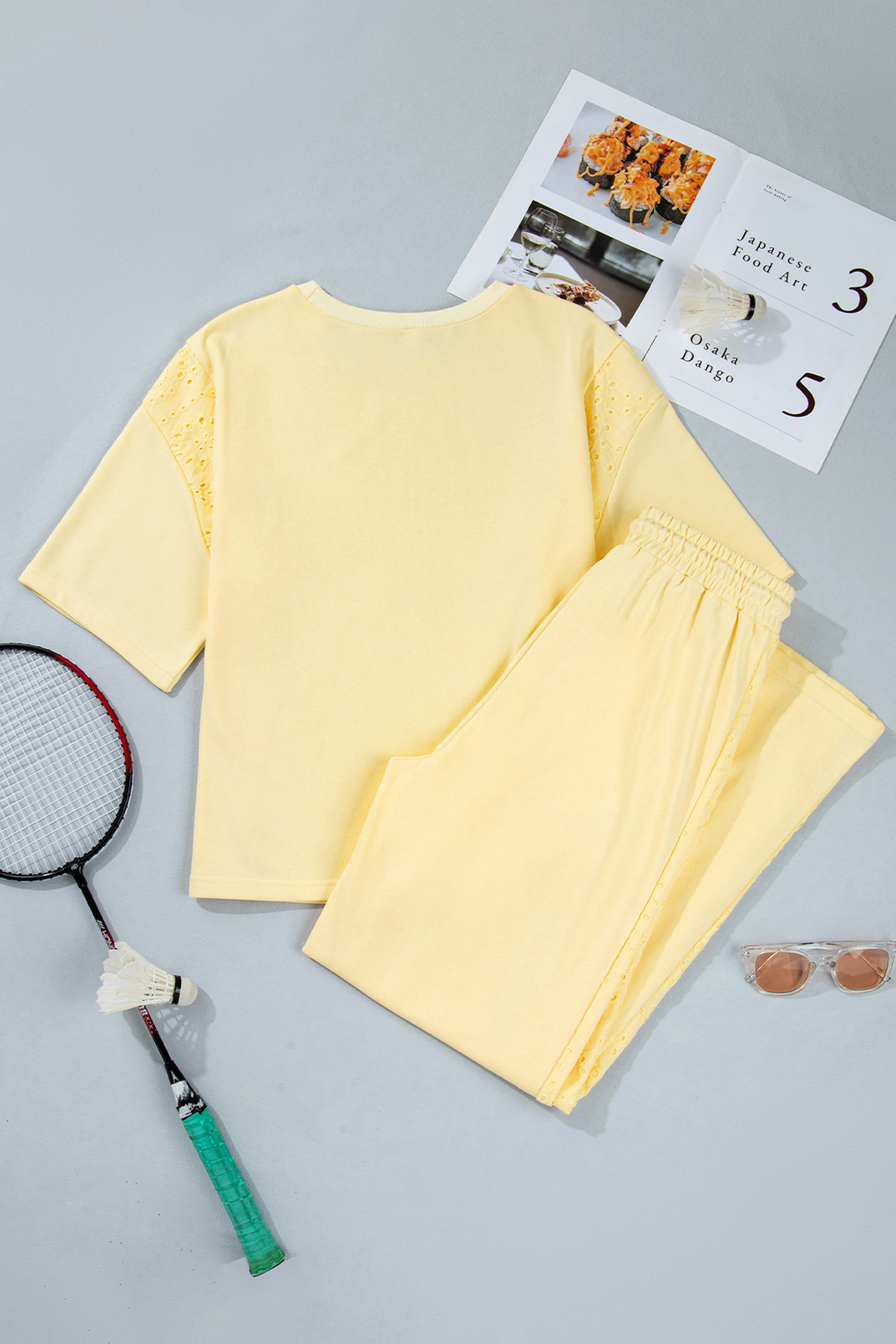 Casual Women's Summer Two Piece Outfit – Patchwork Lace Top and Elastic Waist Wide Leg Pants - Detail View 5 Casual Women's Summer Two Piece Outfit – Patchwork Lace Top and Elastic Waist Wide Leg Pants - Detail View 5